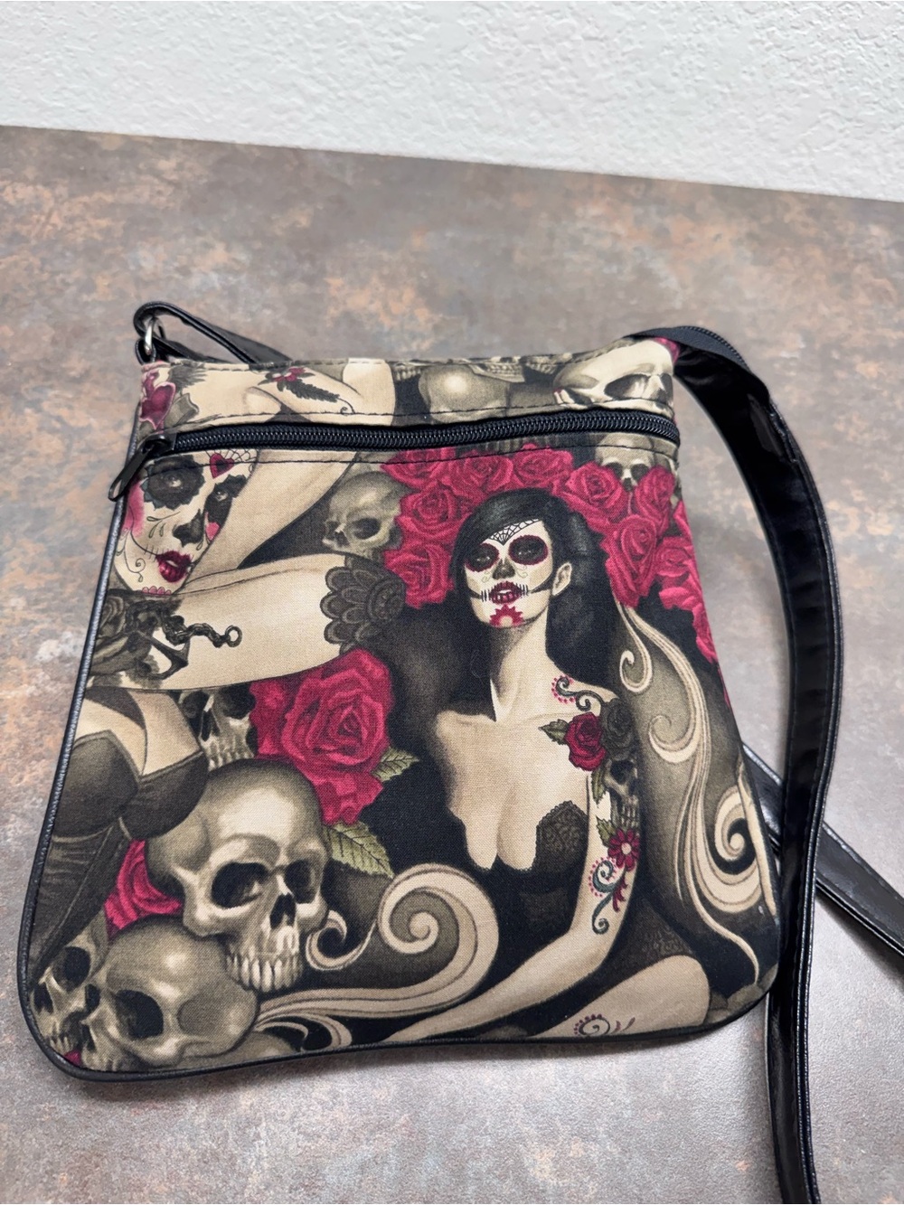 Day of the Dead Rose Skull Crossbody Bag - Black & Red